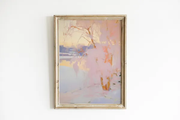 Pink Winter Lake Painting Holiday Christmas Art Print