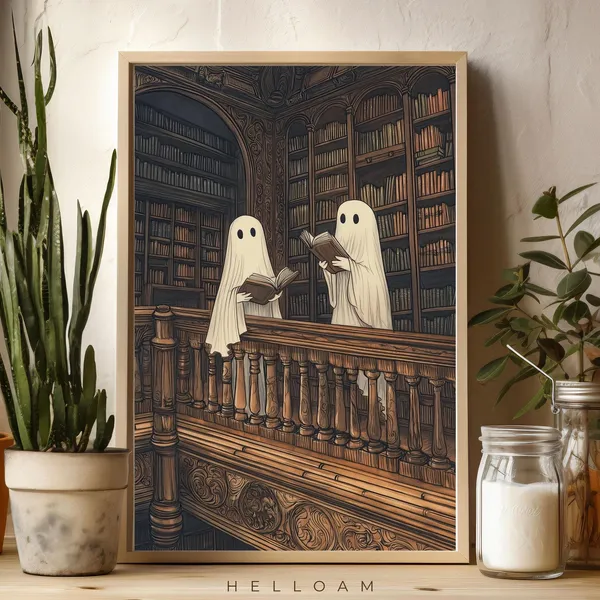 Two Cute Ghosts in a Library, Dark Academia Art Print