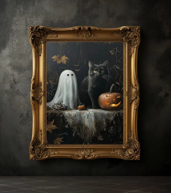 Black Cat Ghost And Pumpkin, Halloween Poster Print