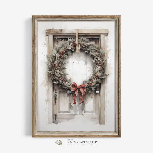 Vintage Watercolor Christmas Wreath Art Print