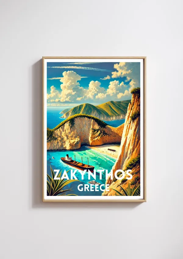 Zakynthos Greece Travel Poster, Navagio Beach Print