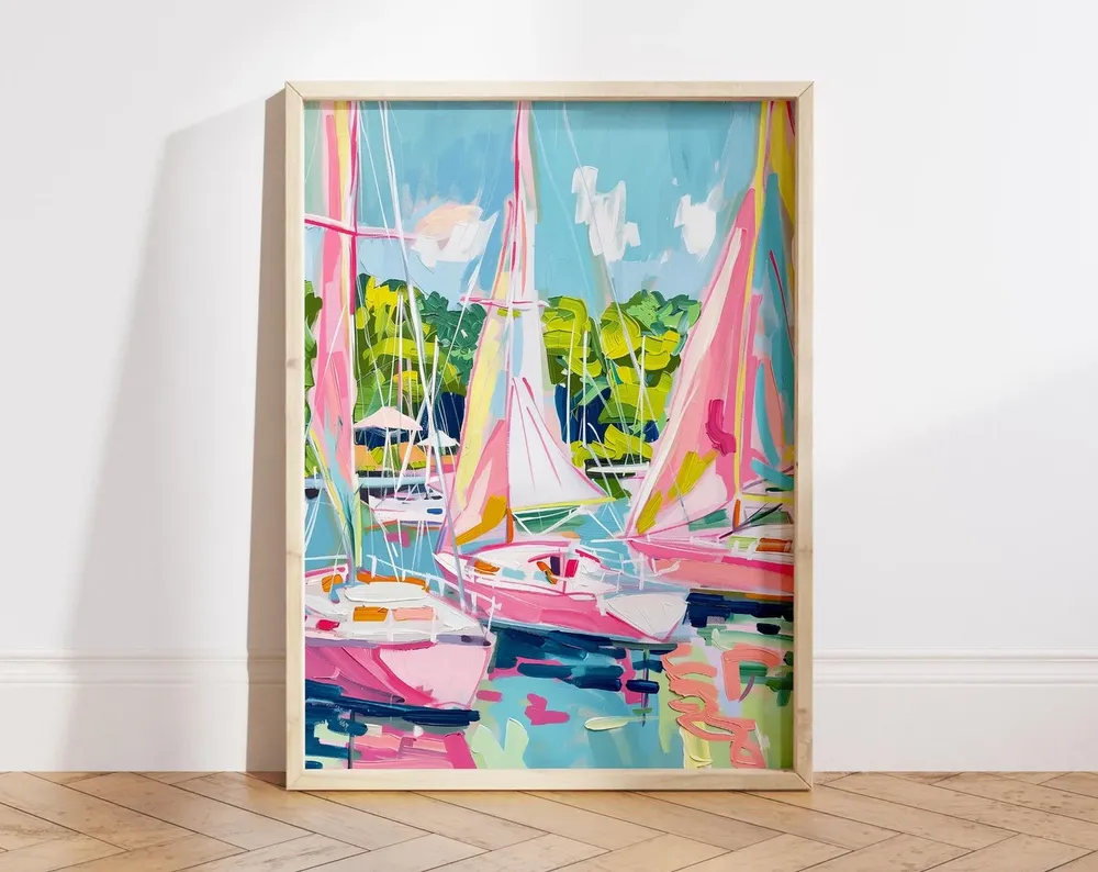 Sailboats Harbour - Retro Beach Art Print