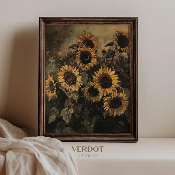 Vintage Sunflower Print, Moody Autumn Floral Art