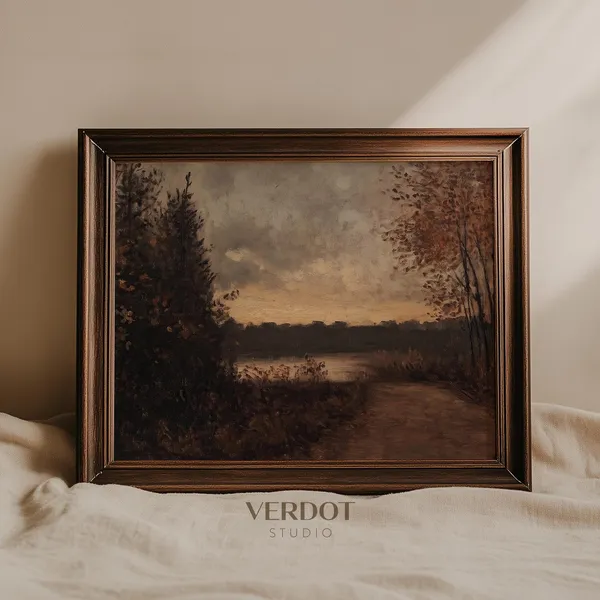 Moody Vintage Fall Landscape Art Print, Antique Scenery