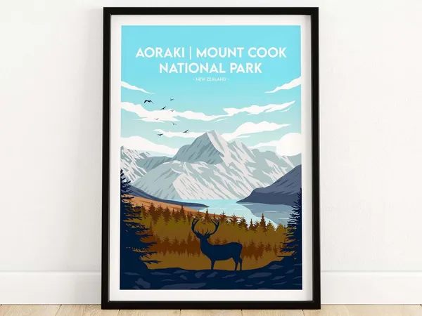 Aoraki Mount Cook National Park Travel Poster, New Zealand