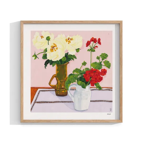 Pink Still Life Floral Art Print, Peonies & Geraniums