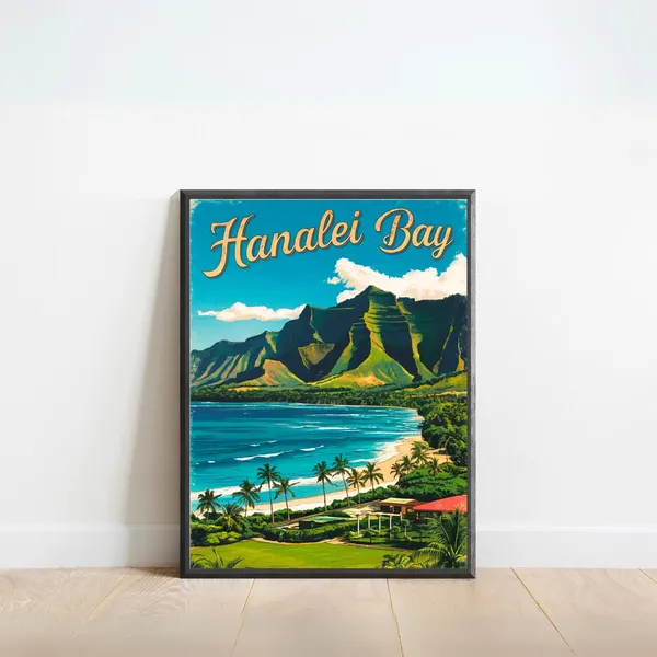 Hanalei Bay Vintage Travel Poster, Hawaii Wall Art
