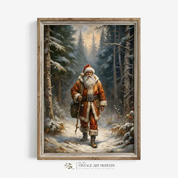 Santa Walking In Winter Forest, Vintage Art Print