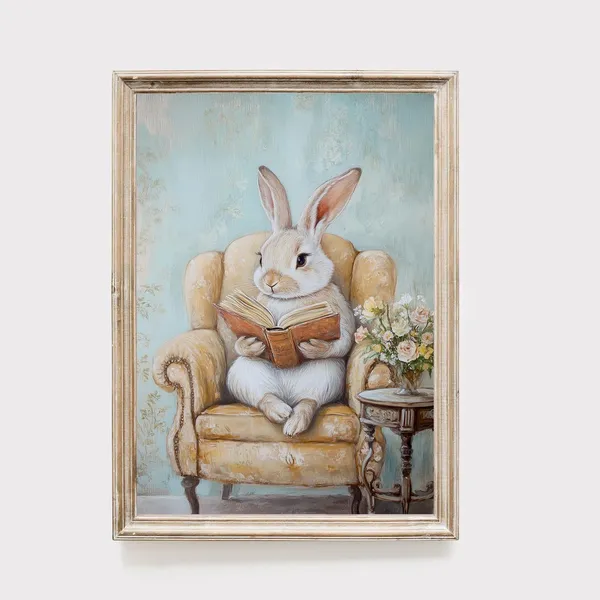 Cute Bunny Reading Book Easter Wall Art Print