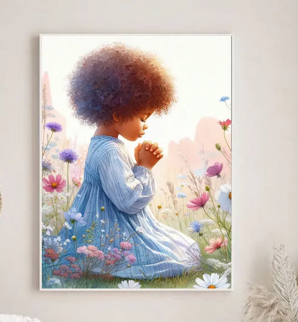 Child's Prayer Black Girl Pray Nursery Christian Art Print