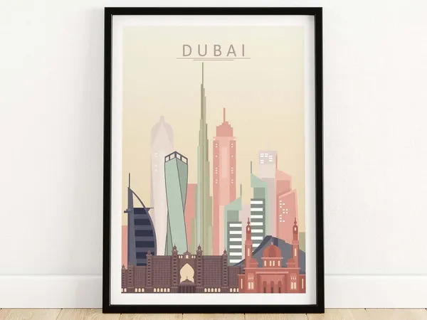 Dubai City Skyline Art Print, Travel Poster