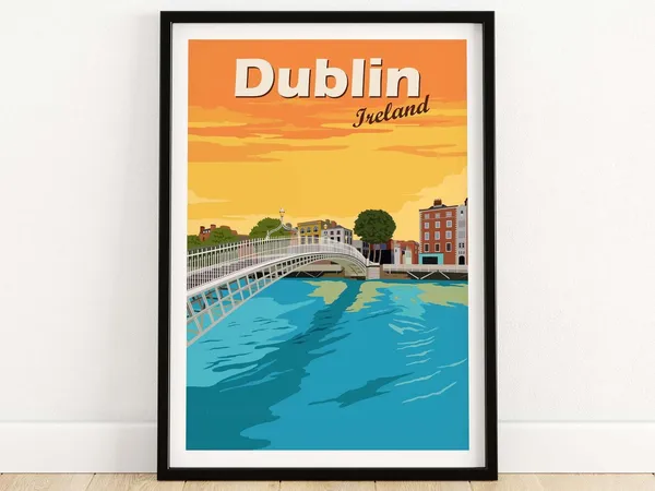 Dublin Vintage Travel Poster, City Skyline Art Print