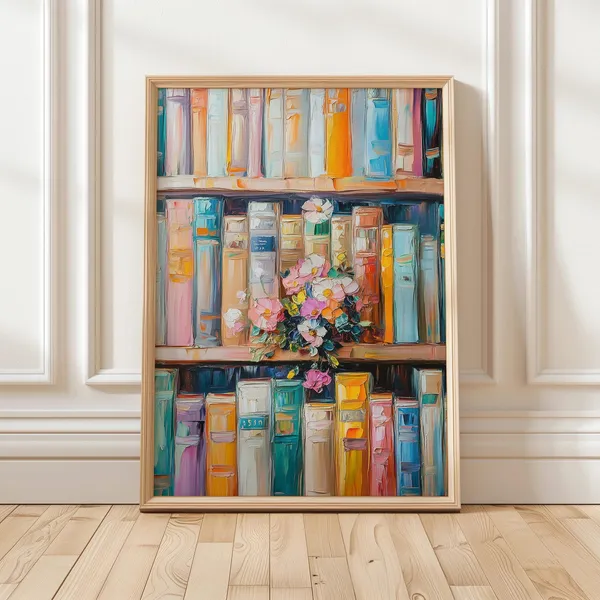 Colorful Book Shelf Art Print, Floral Library Decor