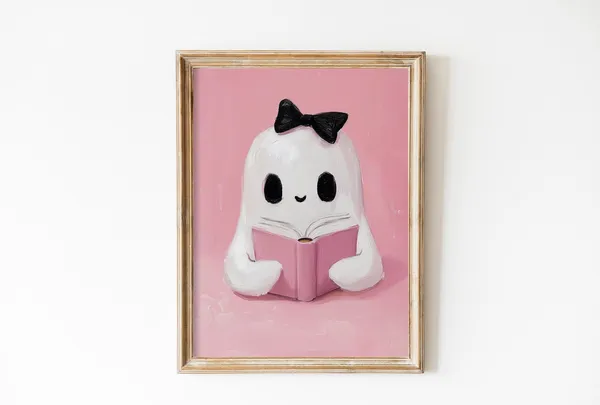 Vintage Pink Ghost Art Print, Halloween Decor
