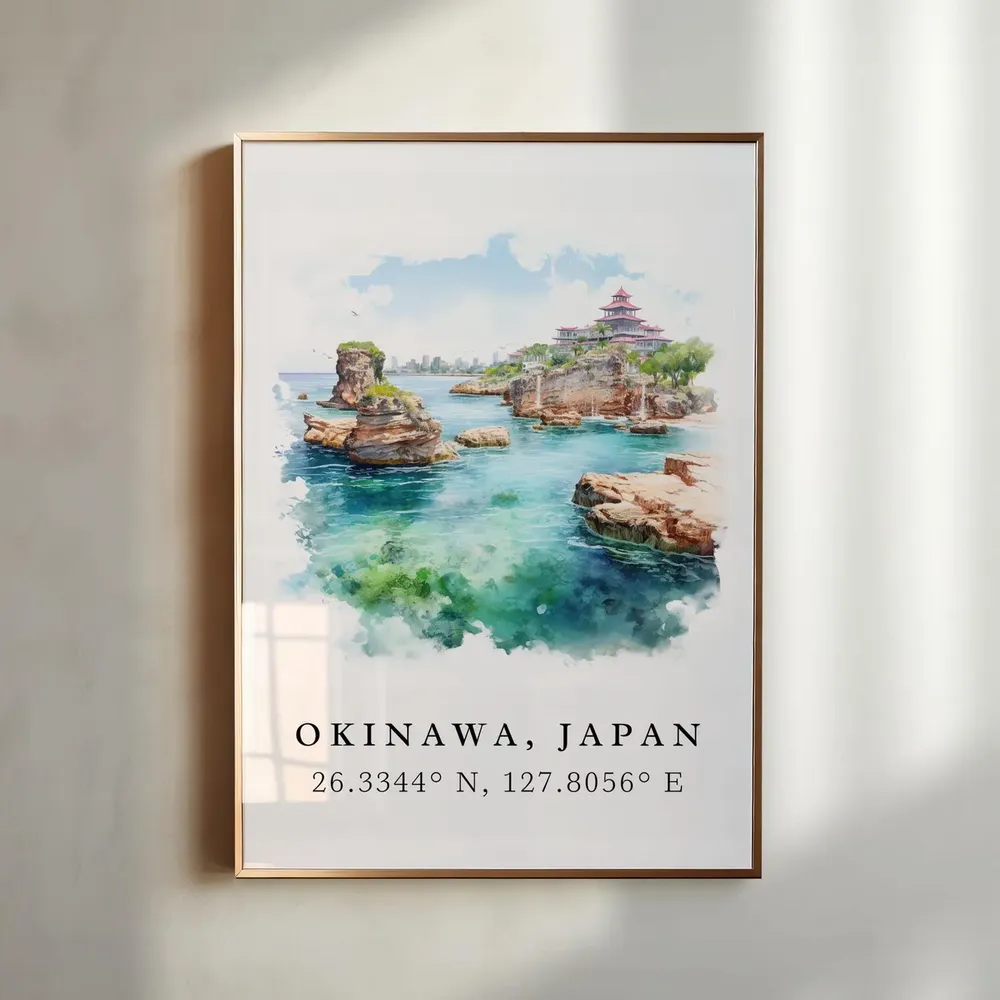 Okinawa Watercolor Travel Poster, Japan Wall Art