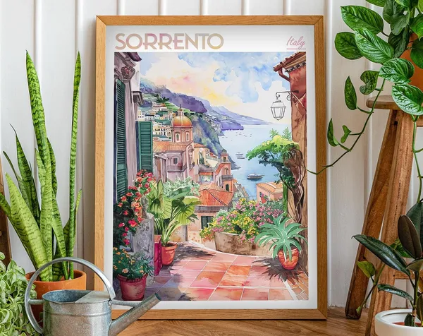 Sorrento Italy Watercolor Travel Poster, Coastal Decor