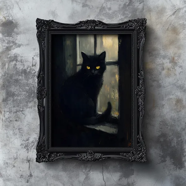Black Cat Halloween Art Print, Moody Vintage Style