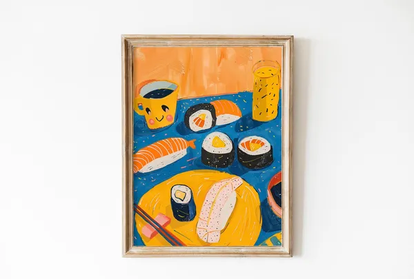 Cute Pink Sushi and Shrimps Japanese Art Print