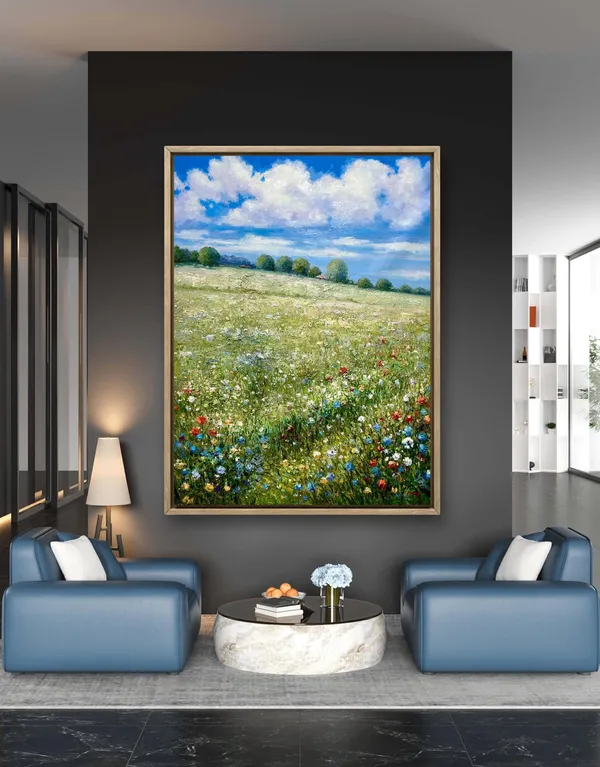 Colorful Flowers in the Field, Oil-Painting-Style Art Print