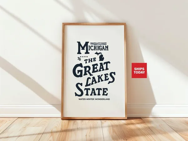 Michigan Retro Travel Poster, Great Lakes Wall Art