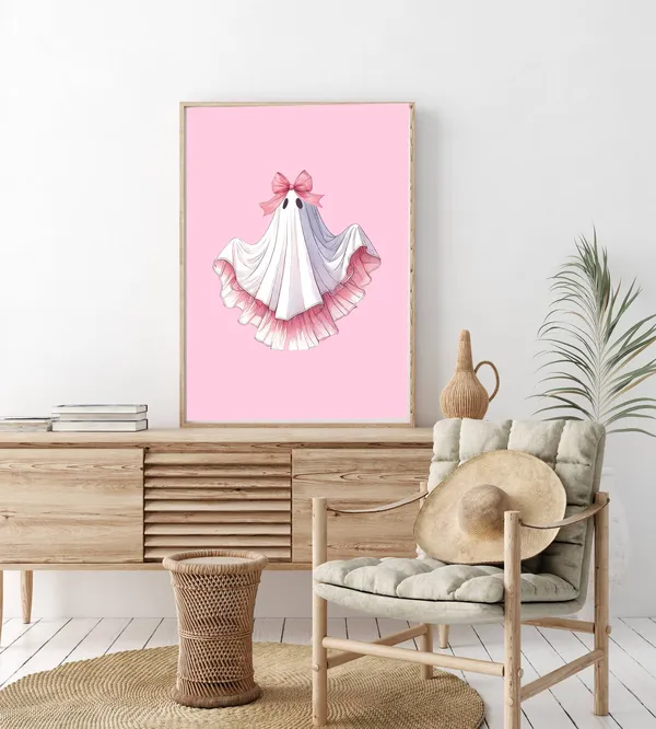 Pink Bow Ghost Halloween Decor, Coquette Art Print