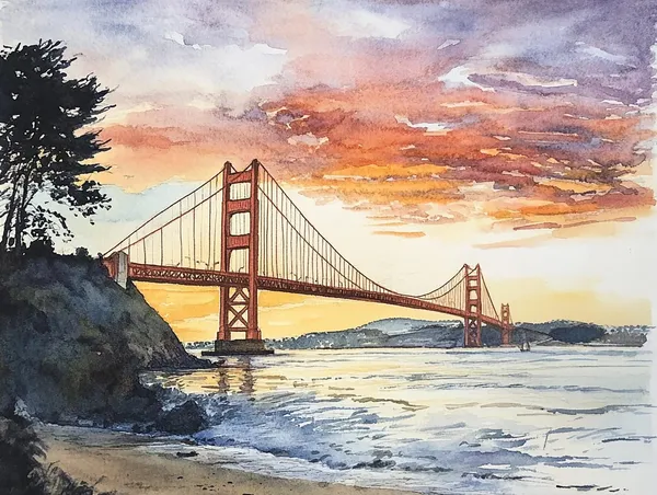 Golden Gate Bridge Watercolor Art Print, San Francisco
