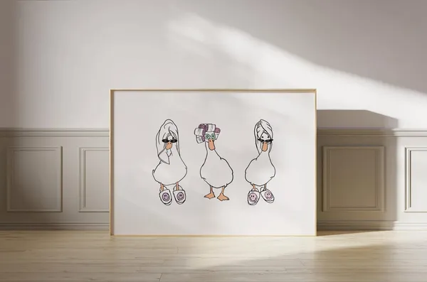 Ducks Towel Cowboy And Curlers, Cute Bathroom Art Print