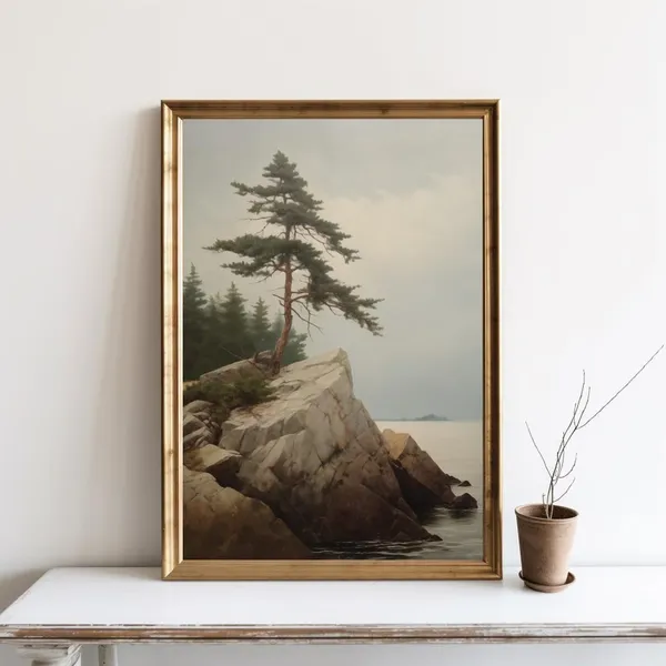 Vintage Pine Landscape Art Print, Rustic Decor Poster
