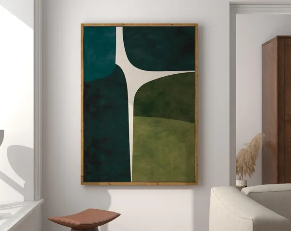 Modern Green Beige Minimalist Art Print, Mid-Century