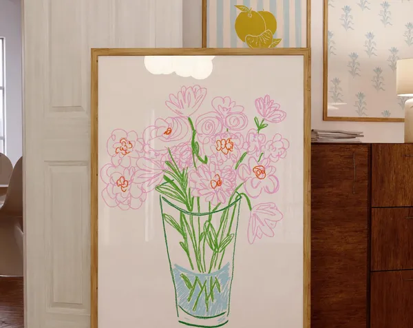 Pink Doodle Bouquet Art Print, Vintage Floral