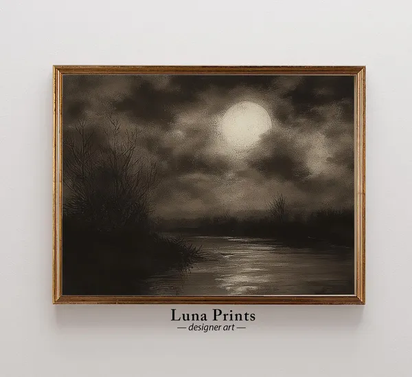Moody Halloween Landscape Art Print, Full Moon Lake