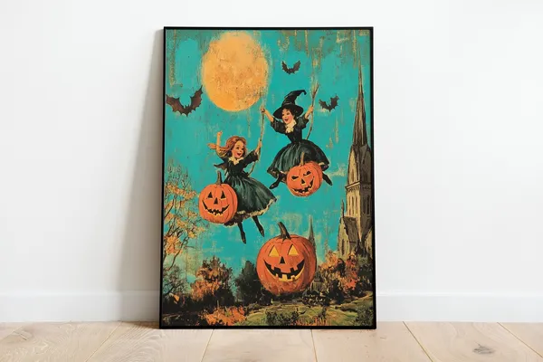 Two Witches Vintage Halloween Wall Art Print