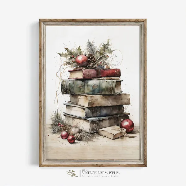 Vintage Christmas Still Life of Books Watercolor Art Print