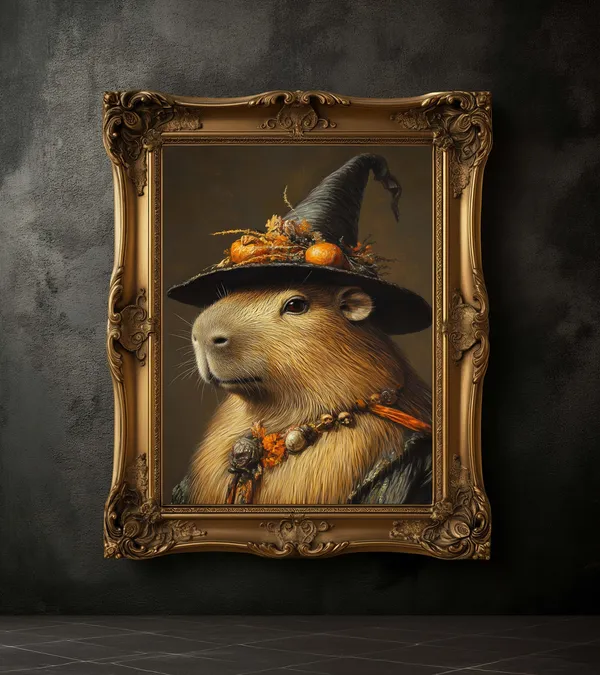 Capybara in Witch Hat, Vintage Halloween Art Print