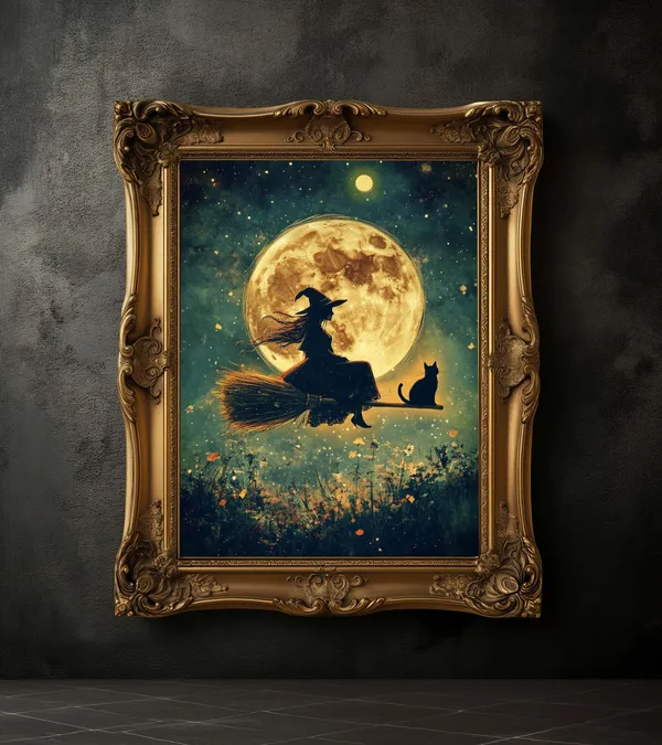 Witch and Black Cat Vintage Halloween Art Print