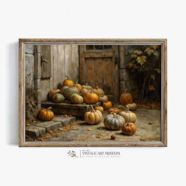 Rustic Pumpkins Art Print, Vintage Fall Harvest