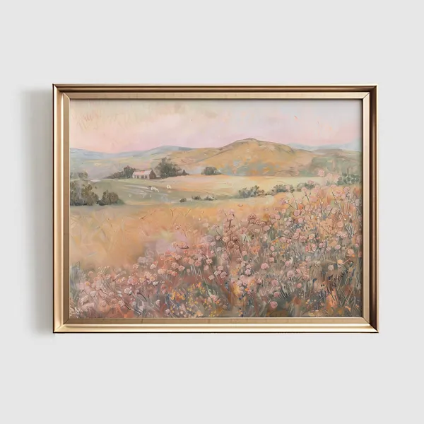 Pastel Wildflower Landscape, Vintage Farmhouse Art Print