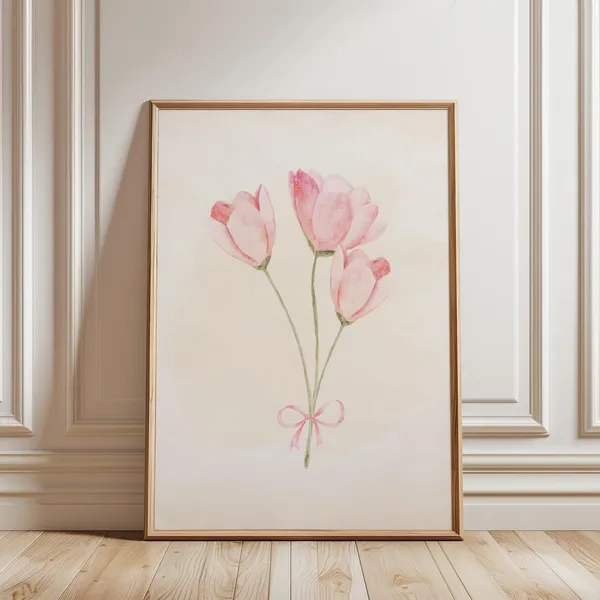 Pink Bow Tulip Art Print, Coquette Room Decor