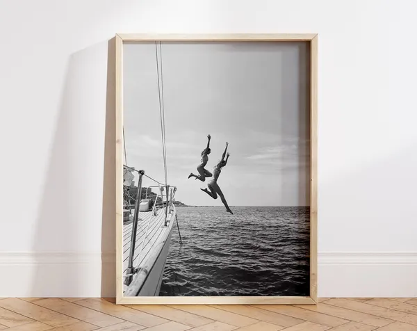 Friends Freedom Jump Sail Boat Yacht Vintage Poster