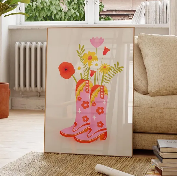 Cowgirl Boots With Flowers, Trendy Pink Art Print