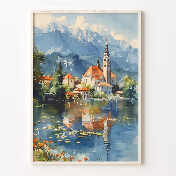 Lake Bled Watercolor Painting Travel Poster