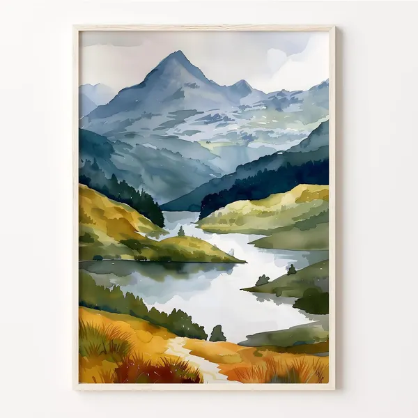 Snowdon Watercolor Travel Poster, Wales Mountain Print