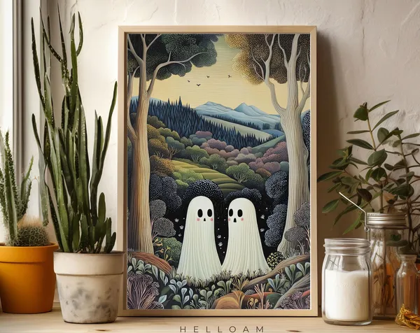Two Cute Ghosts in Flower Woods, Gothic Art Print