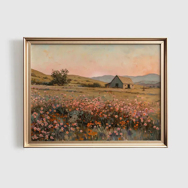Fall Landscape Art Print, Pink Farmhouse Decor