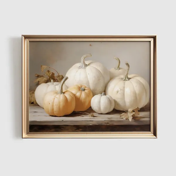 Vintage White Pumpkin Art Print, Rustic Fall Painting