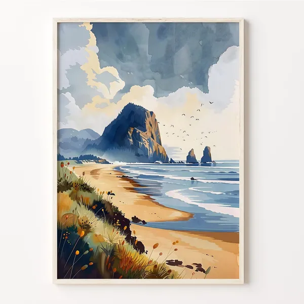 Cannon Beach Watercolor Travel Poster, Oregon