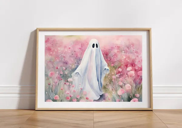 Pink Floral Field With Spooky Halloween Print