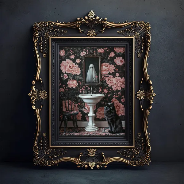 Ghost And Cat In Bathroom, Whimsigoth Halloween Poster Print