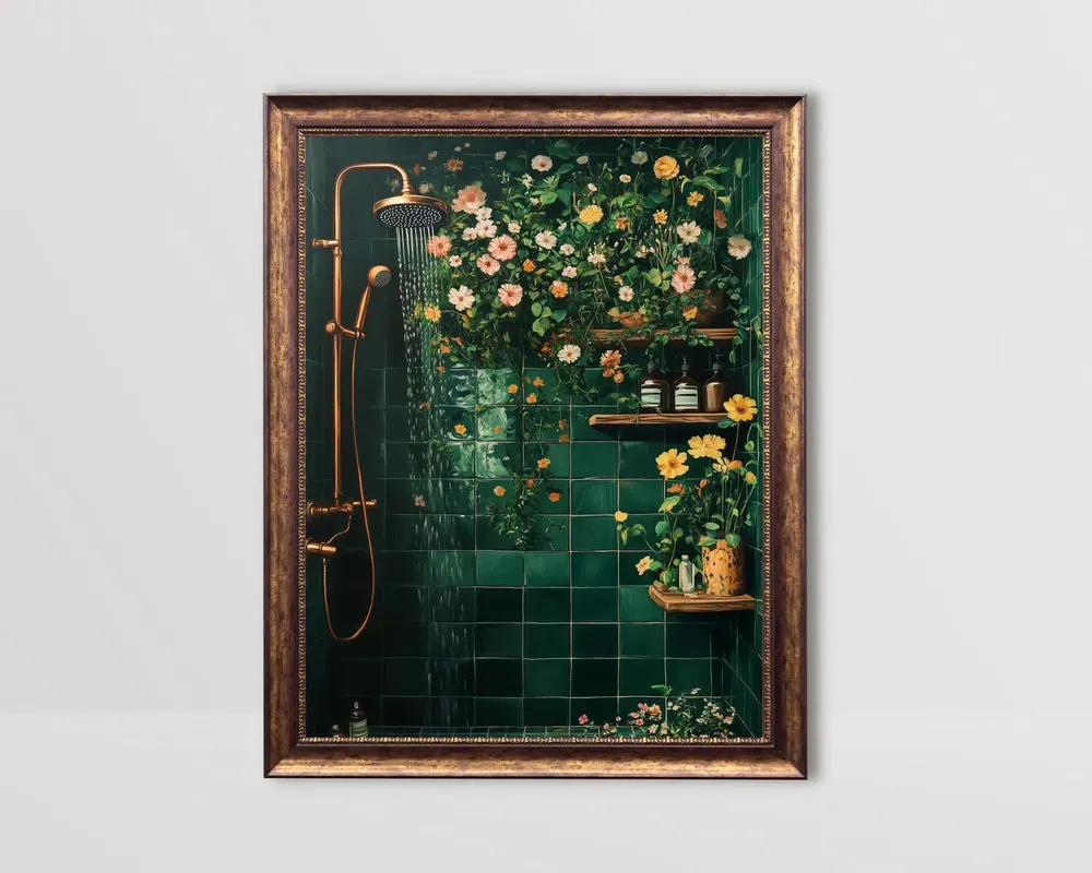 Botanical Shower Floral Bathroom Art Print, Vintage