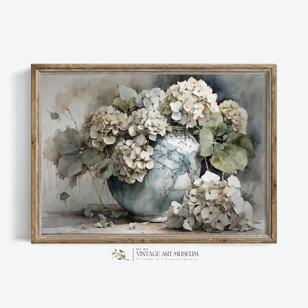Hydrangea Still Life, Vintage Watercolor Art Print